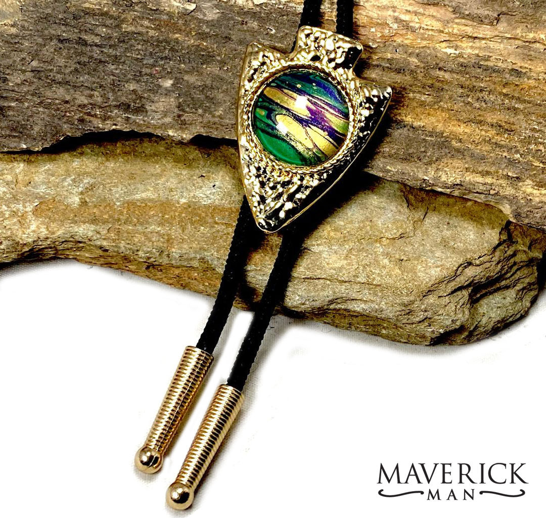 Hammered look gold arrowhead bolo with Party Gras hand painted stone