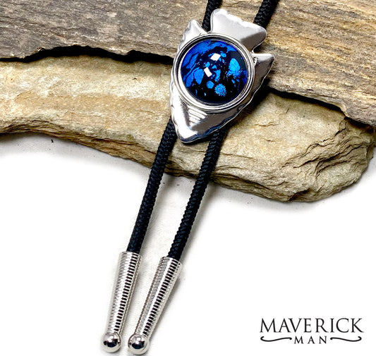 Silver arrowhead bolo with metallic blue and black hand painted stone