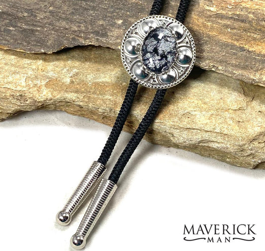 Small, modern bolo with black and platinum hand painted stone