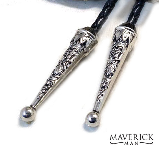 Large Christian bolo in black and platinum on slate w stainless steel cross