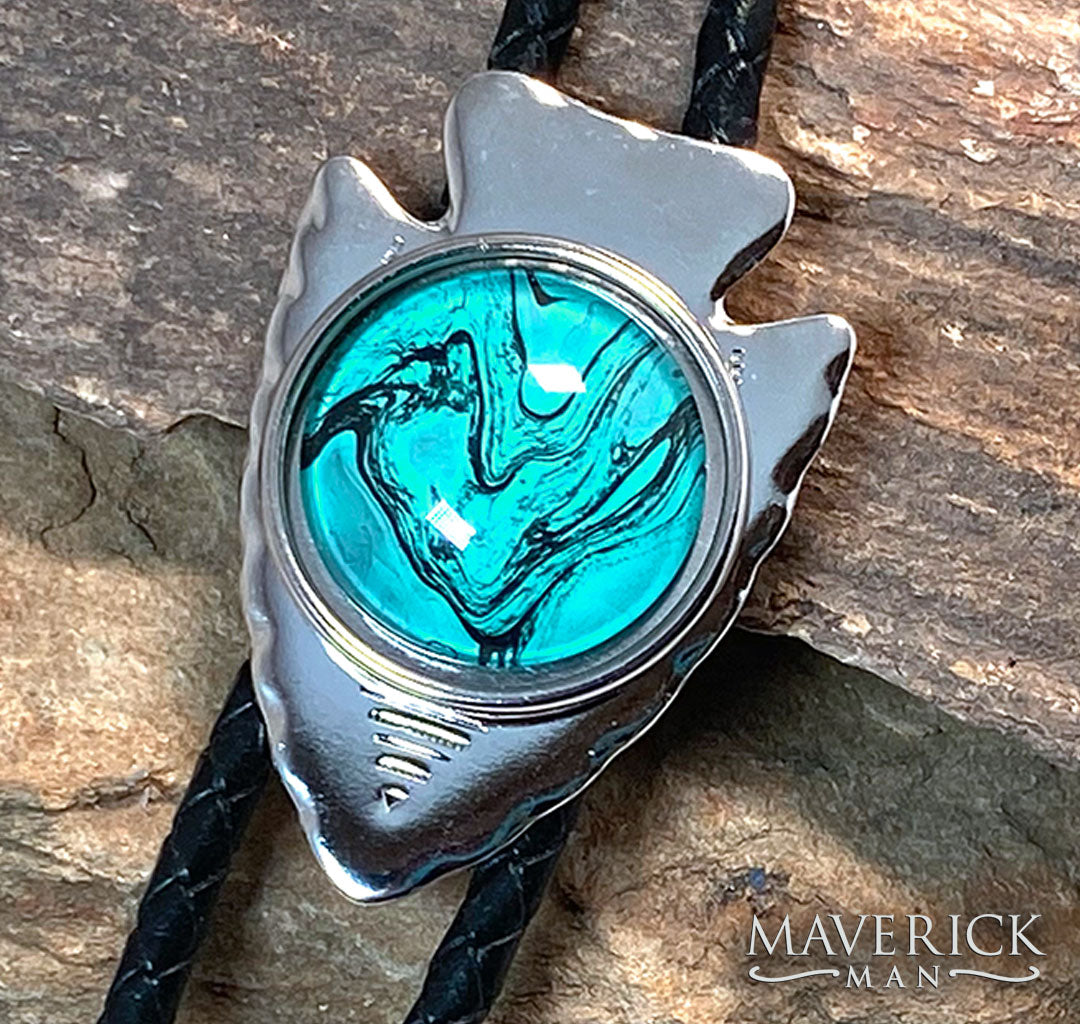 Modern arrowhead bolo with turquoise and black hand painted stone