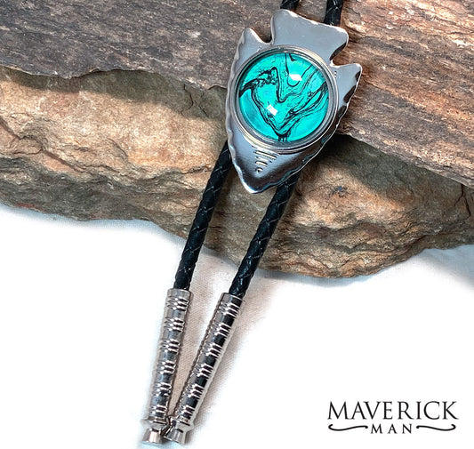 Modern arrowhead bolo with turquoise and black hand painted stone