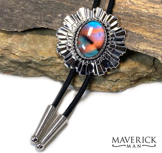 Sunburst bolo with colorful hand painted stone - turquoise copper and black