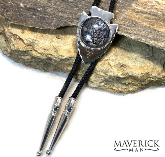 Modern silver arrowhead bolo with black and platinum hand painted stone
