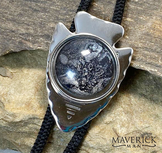 Modern silver arrowhead bolo with black and platinum hand painted stone