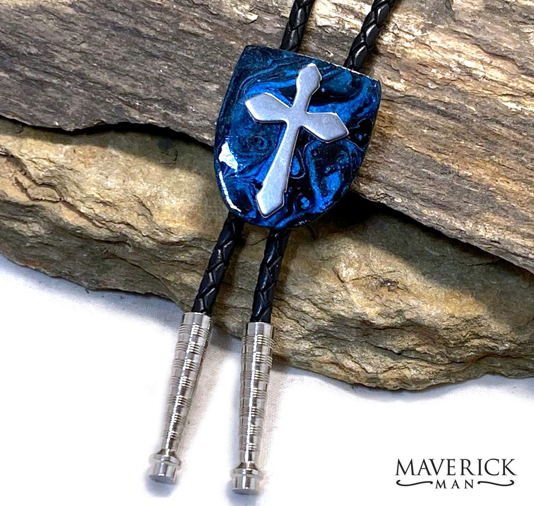 Rich blue bolo made from slate with stainless steel cross
