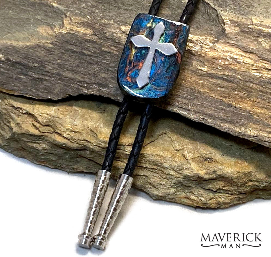 Slate bolo with hand painted stone in blue earthtones with stainless steel cross