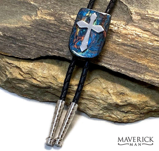 Slate bolo with hand painted stone in blue earthtones with stainless steel cross