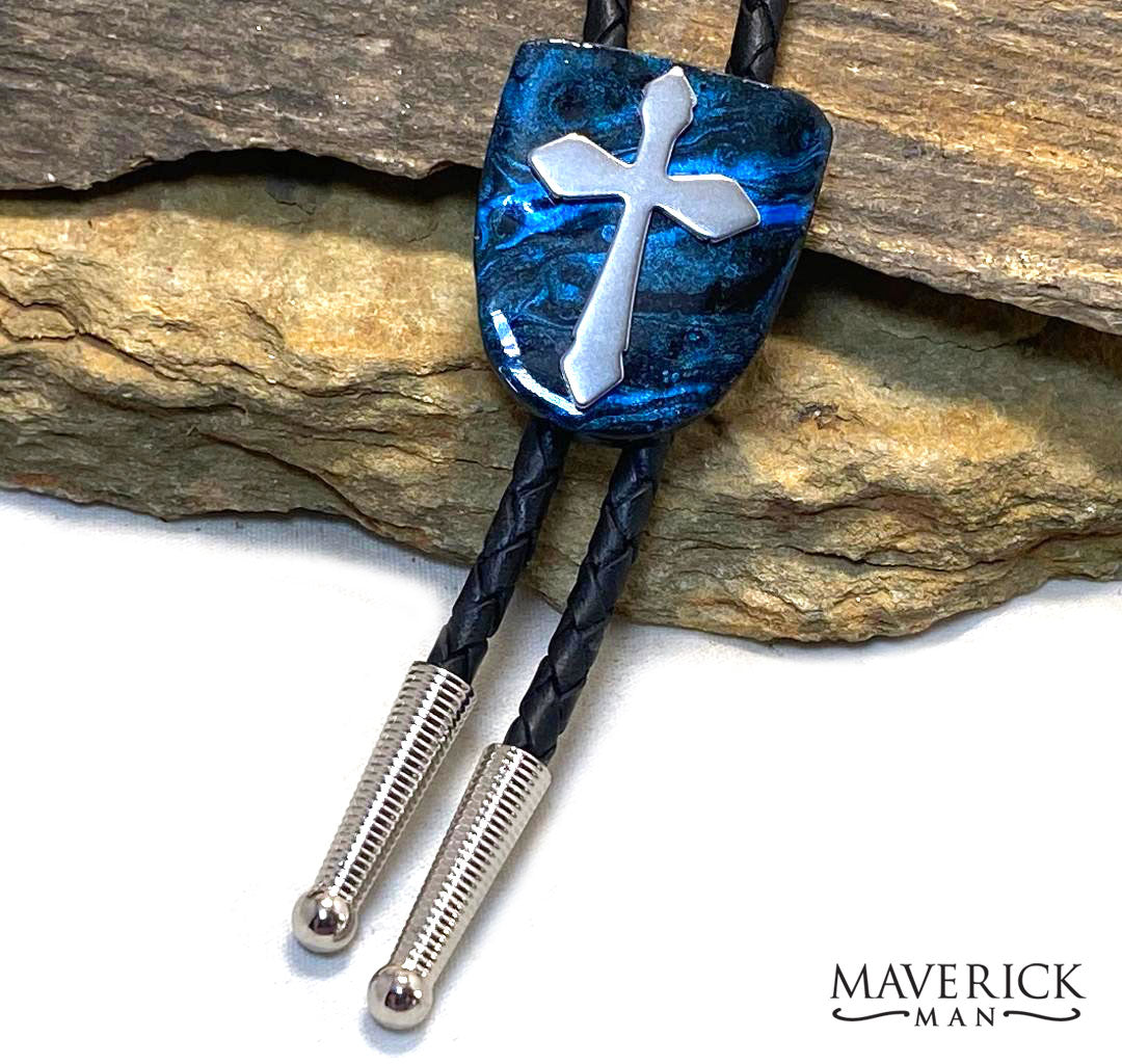 Blue and black bolo made from slate with stainless steel cross