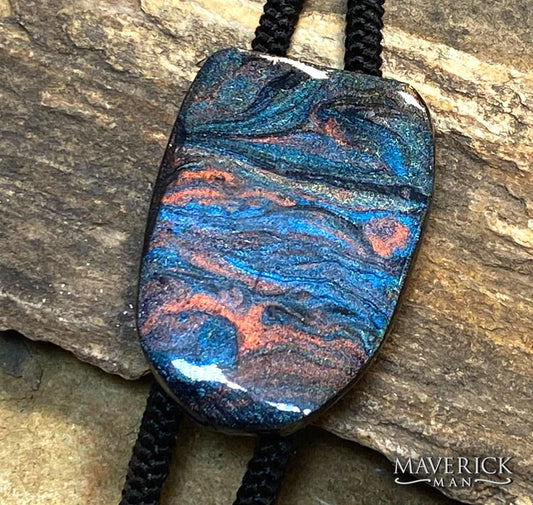 Small slate bolo with hand painted stone in blue earthtones