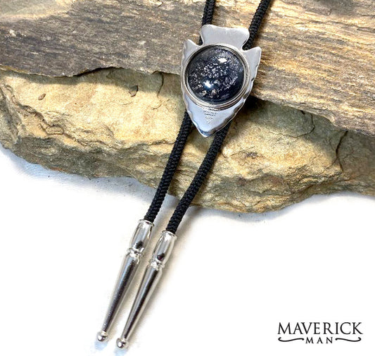 Shiny arrowhead bolo with black and platinum hand painted stone