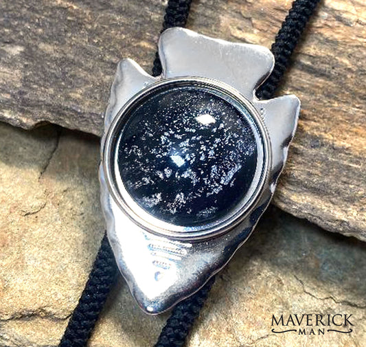 Shiny arrowhead bolo with black and platinum hand painted stone