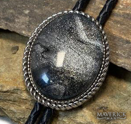 Beaded silver bolo with black and platinum hand painted stone - SET AVAILABLE