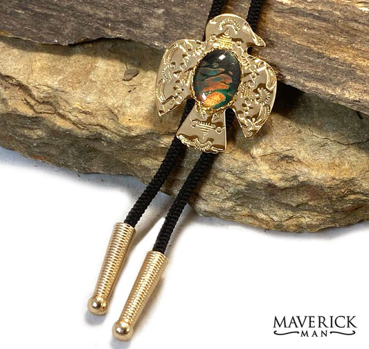 Golden thunderbird bolo with hand painted stone in green earthtones
