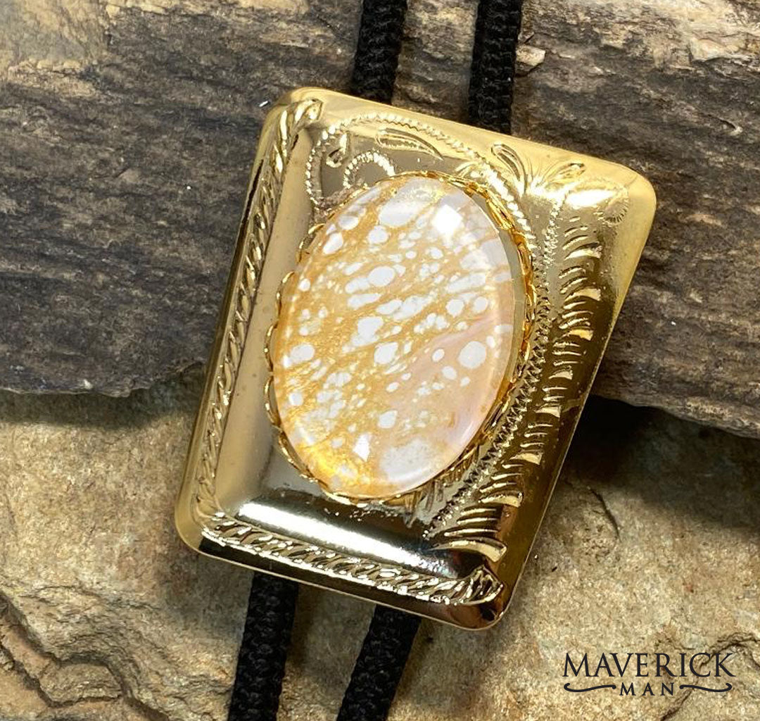 Golden bolo with hand painted gold and white stone - SET AVAILABLE