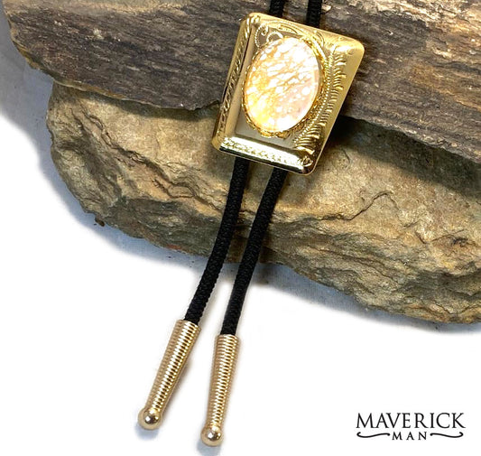 Golden bolo with hand painted gold and white stone - SET AVAILABLE