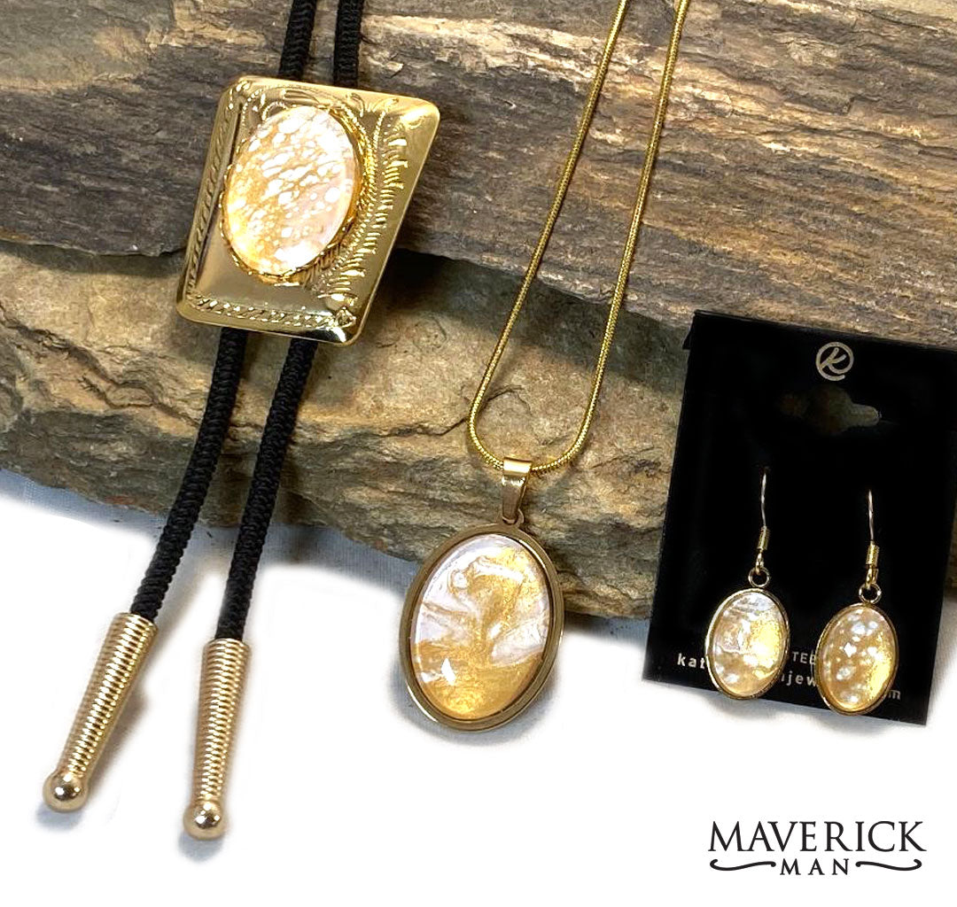 Golden bolo with hand painted gold and white stone - SET AVAILABLE