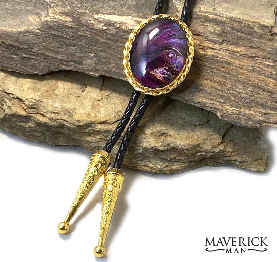 Large gold braided bolo with fabulous hand painted stone