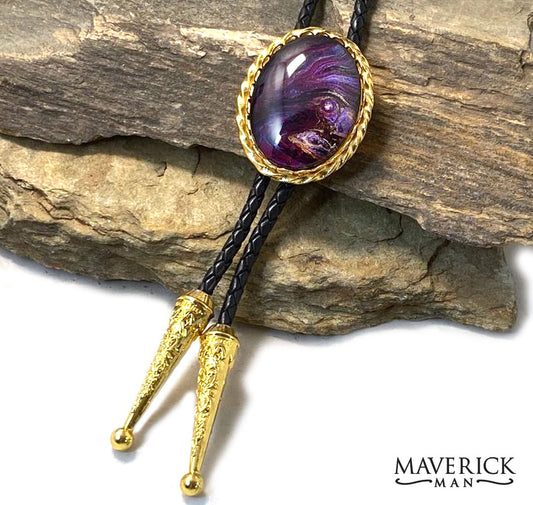 Large gold braided bolo with fabulous hand painted stone