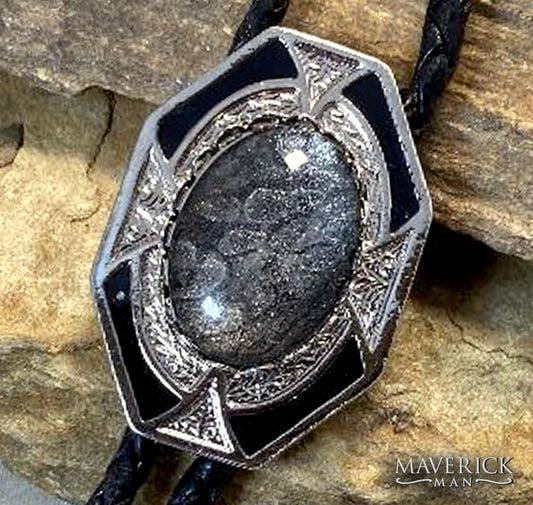 Dressy silver geometric bolo with hand painted stone