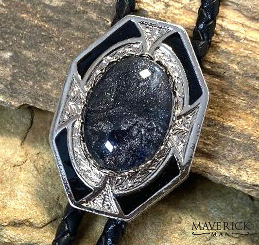 Another dressy silver geometric bolo tie with hand painted stone