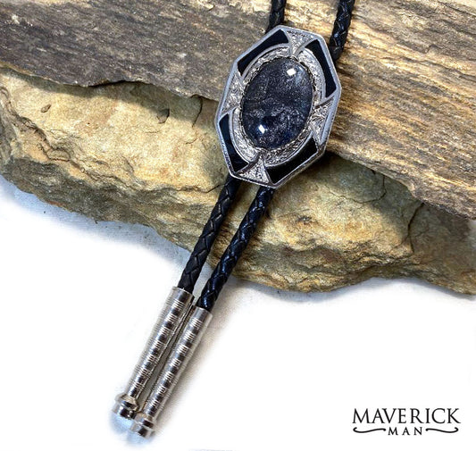 Another dressy silver geometric bolo tie with hand painted stone