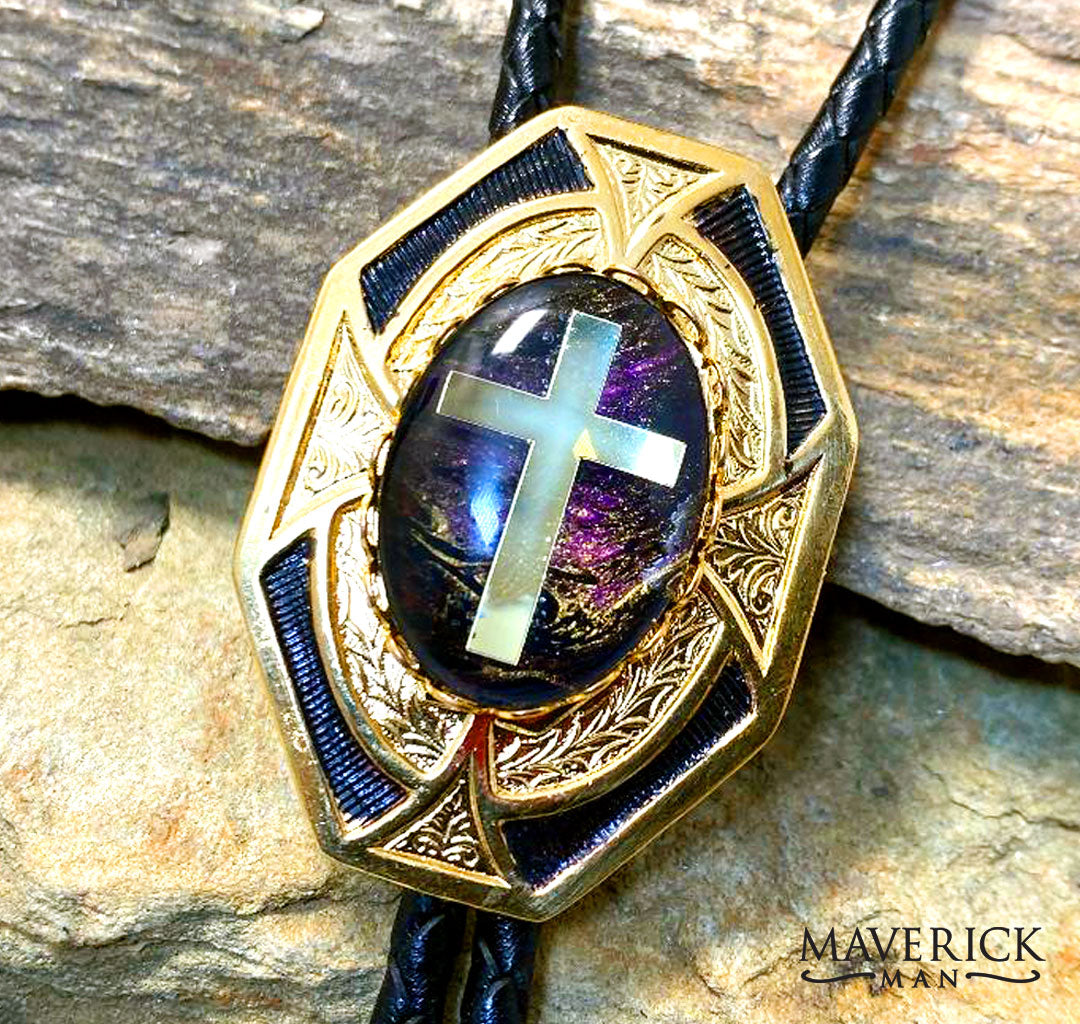 Dressy gold geometric bolo tie with gold cross and hand painted stone