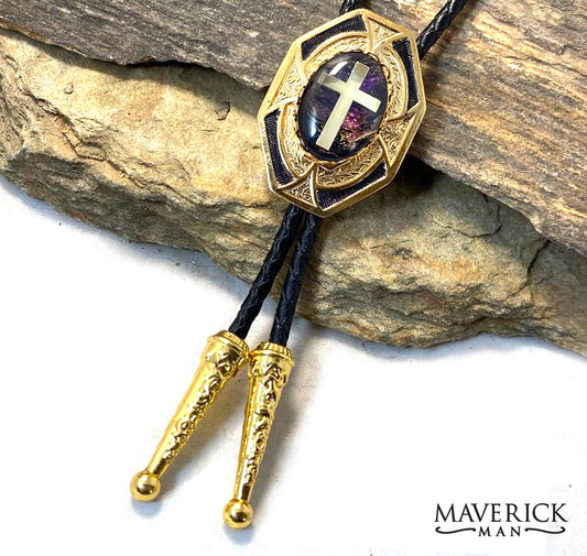 Dressy gold geometric bolo tie with gold cross and hand painted stone