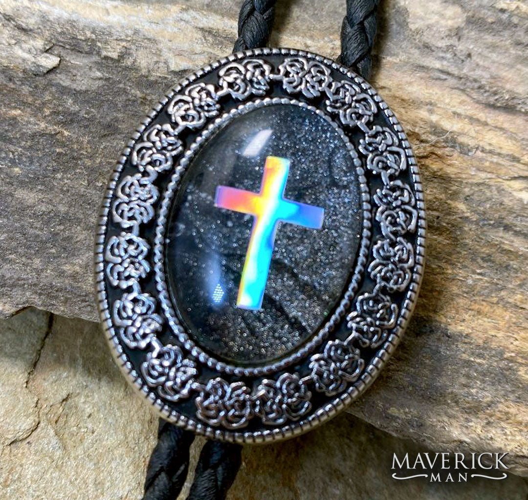 Antique silver bolo tie with hand painted cross stone