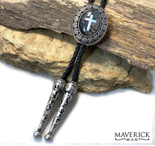 Antique silver bolo tie with hand painted cross stone