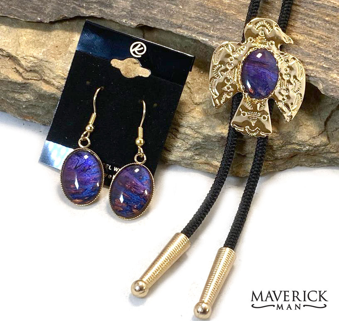 Golden thunderbird bolo with hand painted purple stone