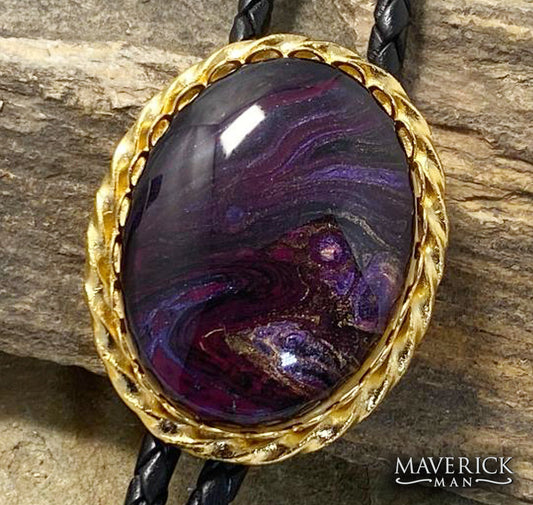 Large gold braided bolo with fabulous hand painted stone