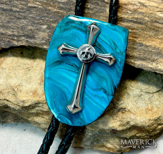 Turquoise bolo made from slate with stainless steel cross