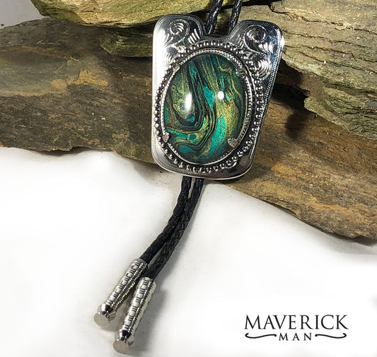 Unusual hand painted bolo in brilliant green earthtones