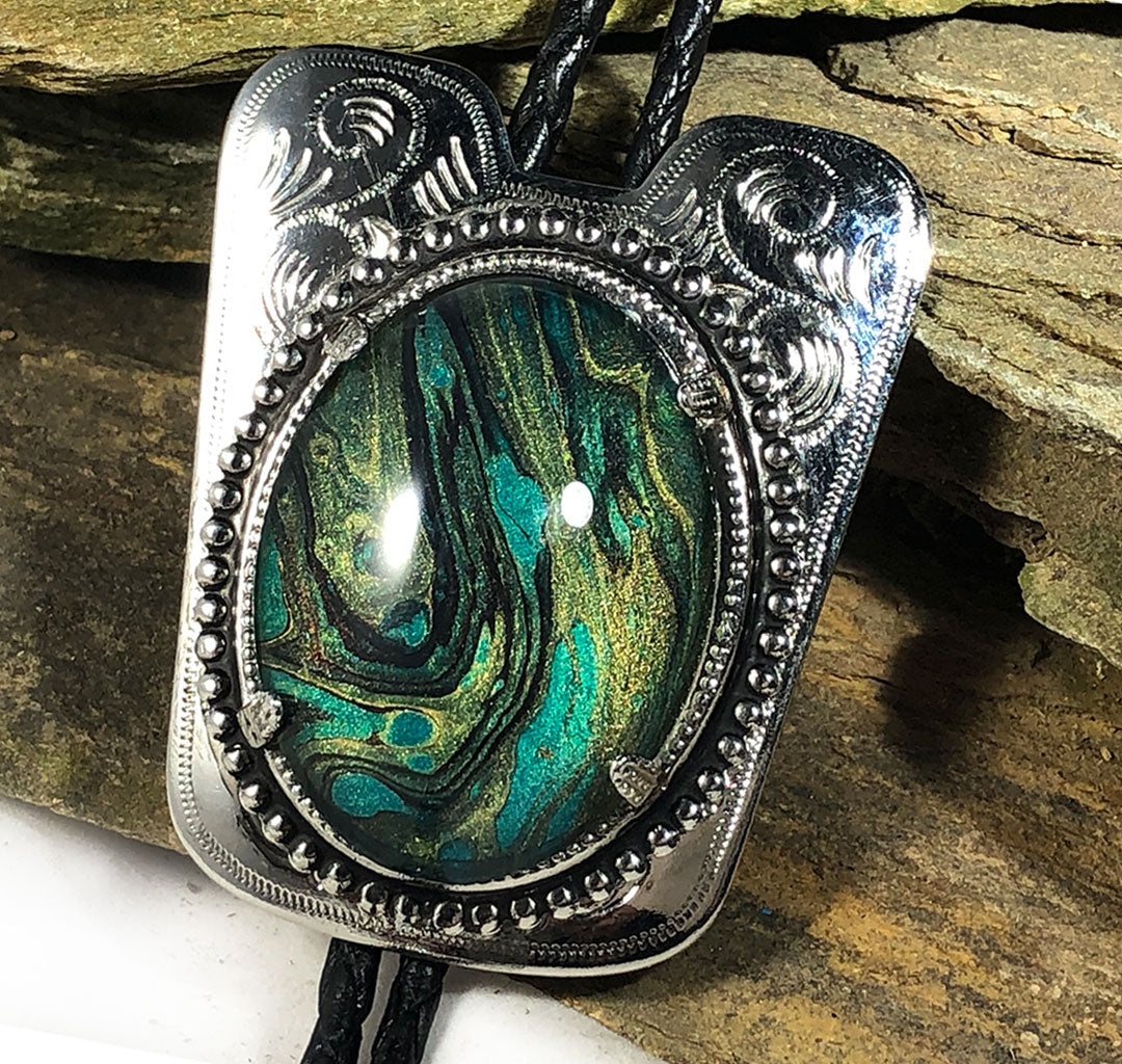 Unusual hand painted bolo in brilliant green earthtones