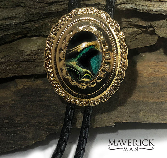 Gold concho with hand painted stone in metallic green, gold and black