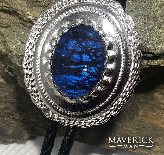 Handsome concho bolo with metallic blue and black stone