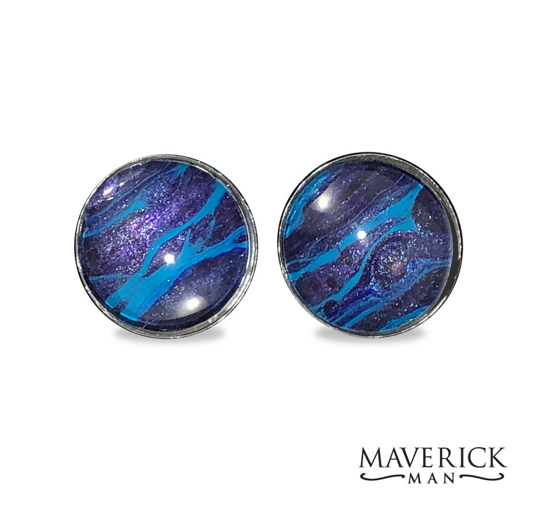 Hand painted cuff links in turquoise and metallic purple