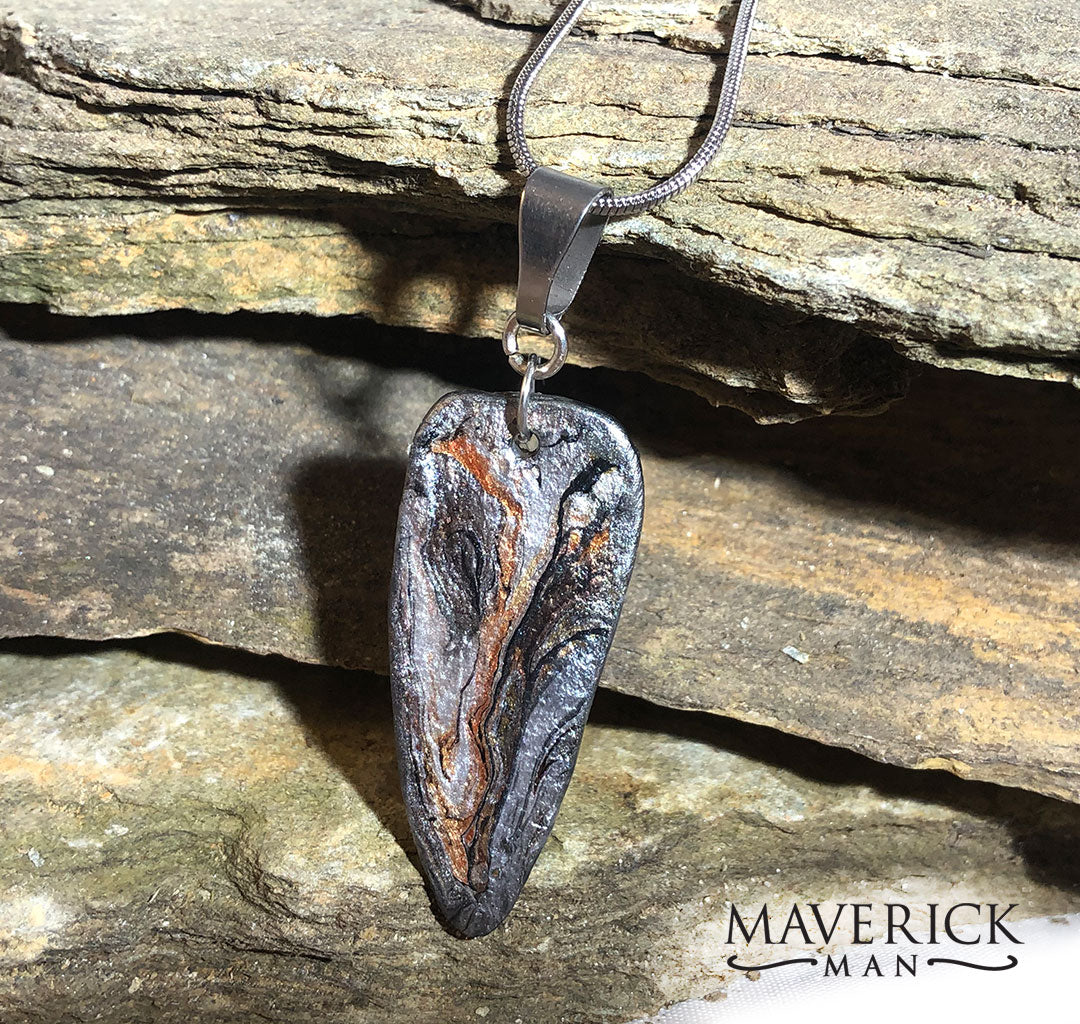 Striking slate pendant in earthtone metallics w stainless snake chain