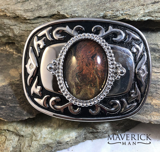 Western belt buckle with unusual gold and rust earthtone stone