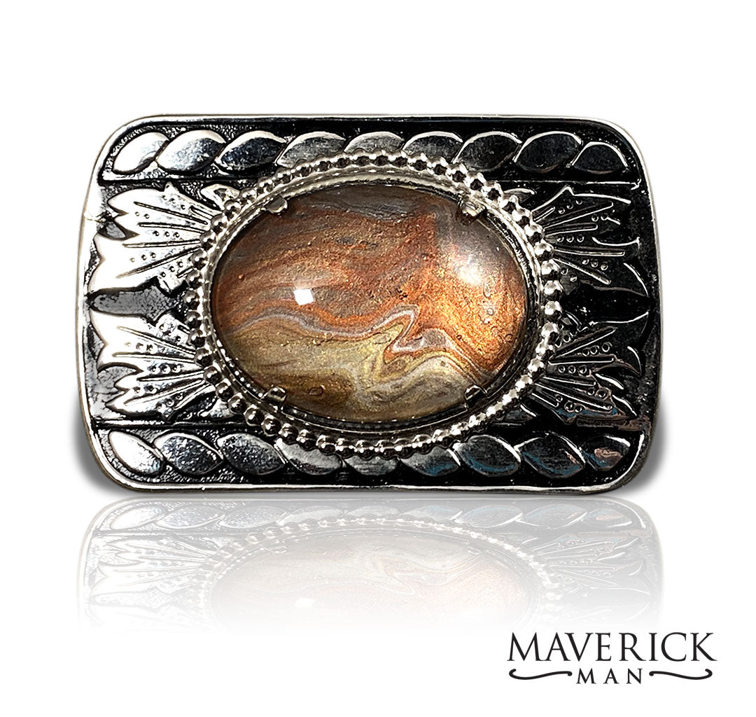 Black and silver filigree belt buckle with hand painted stone