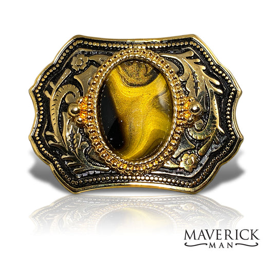 Handsome black and gold belt buckle with hand painted stone