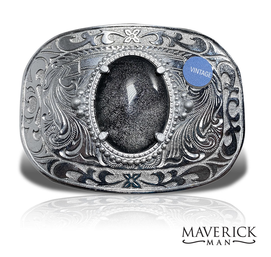 Large silver belt buckle with hand painted stone in platinum and black
