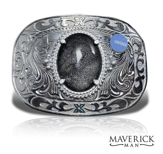 Large silver belt buckle with hand painted stone in platinum and black