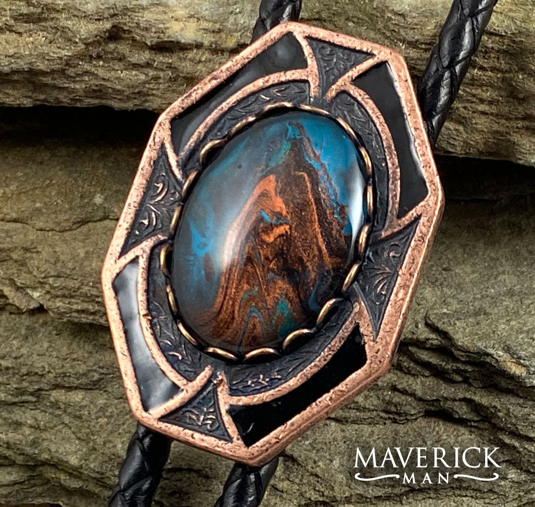 Dressy copper and black bolo with hand painted blue and copper stone