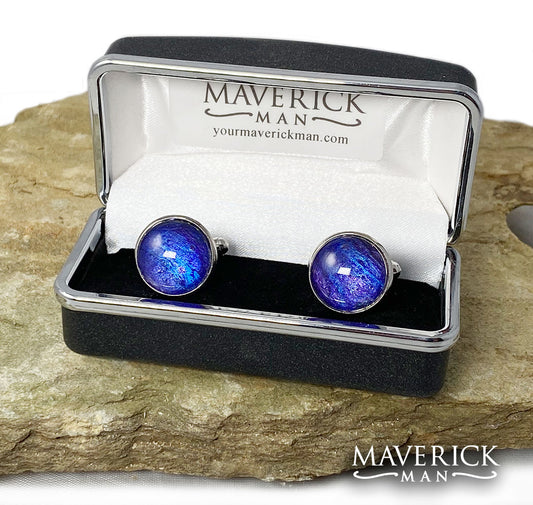 Distinctive metallic sapphire and purple cuff links