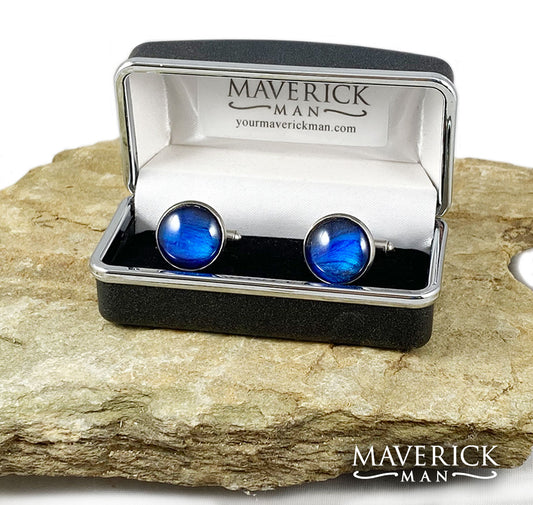 Unique hand painted cuff links in metallic sapphire blue and black