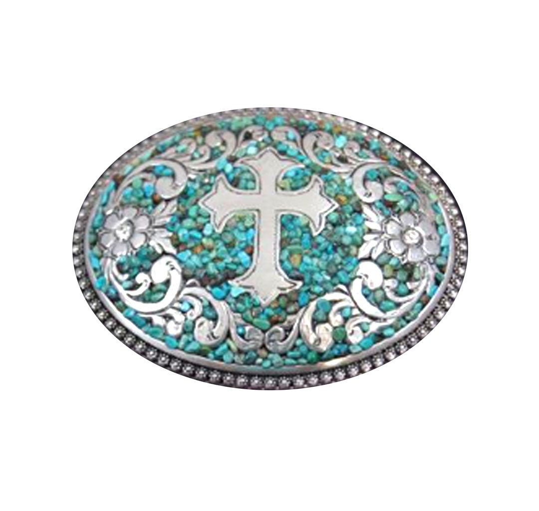 Large silver filigree cross belt buckle with genuine turquoise stones