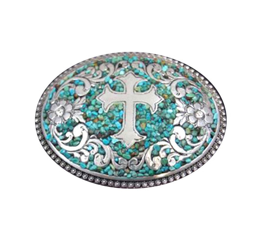 Large silver filigree cross belt buckle with genuine turquoise stones
