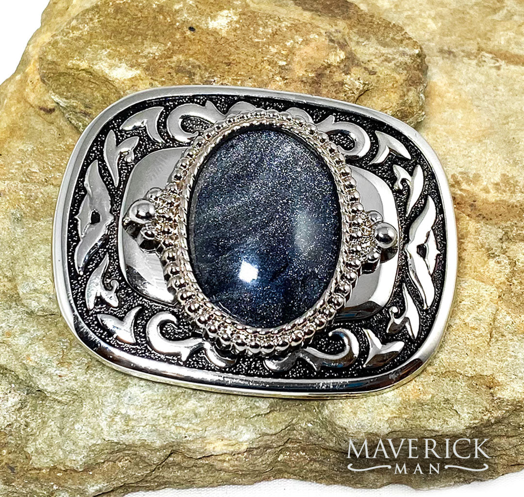 Black and silver western belt buckle with hand painted black and platinum stone